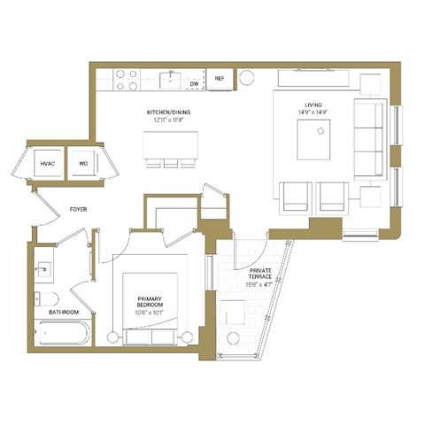 A floor plan of a house with a living room, kitchen, dining room, bathroom, and bedrooms.